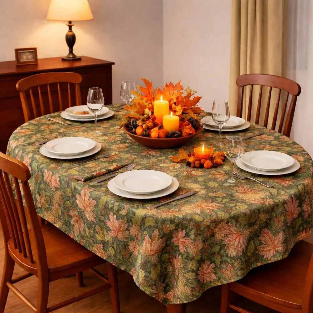 VTG Handmade Autumnal Leaf Print Artisan Oblong Tablecloth and 6 Napkins NEW